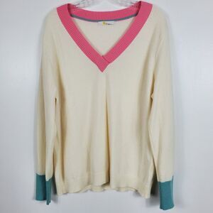Boden Cashmere V Neck Sweater Long Sleeve Contrasting Ribbed Collar Hem Ivory XL